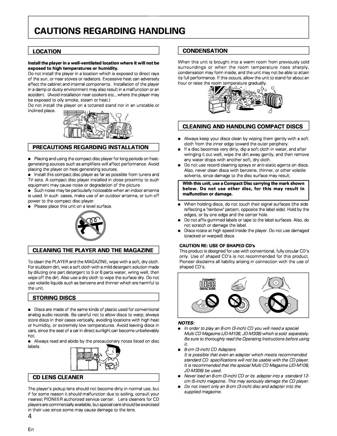 Pioneer PD-M407 Cautions Regarding Handling, Location, Precautions Regarding Installation, Storing Discs, Cd Lens Cleaner 