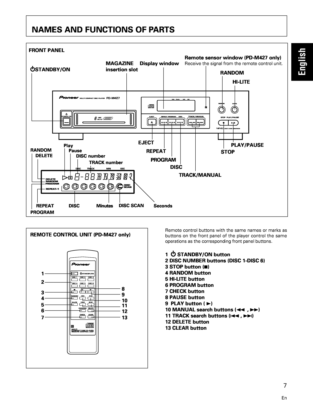 Pioneer Names And Functions Of Parts, English, FRONT PANEL Remote sensor window PD-M427only, Standby/On, insertion slot 