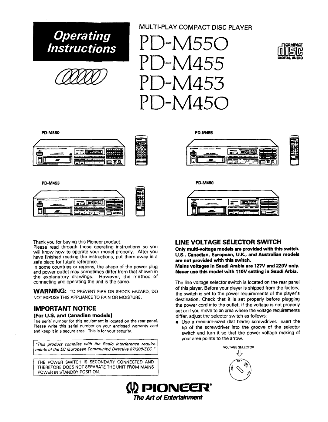 Pioneer PD-M455, PD-M550 warranty For U.S. and Canadian models, PD-M450 