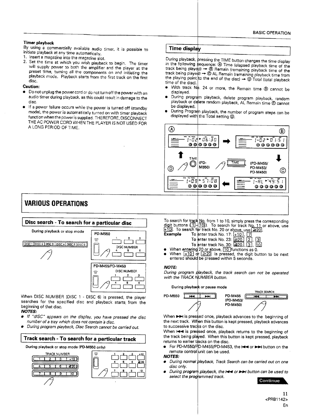 Pioneer PD-M455, PD-M550 warranty Variousoperations, Disc search To search for a particular disc, Time displ, y 
