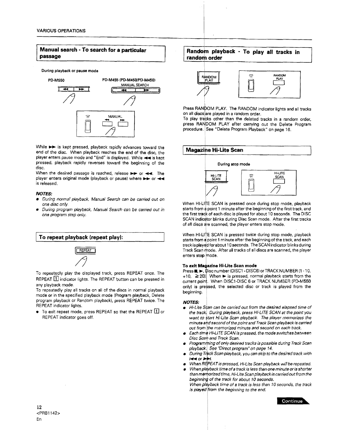 Pioneer PD-M550 warranty Manual search To search for a particular Passage, Rando t playback To play all tracks Rander order 