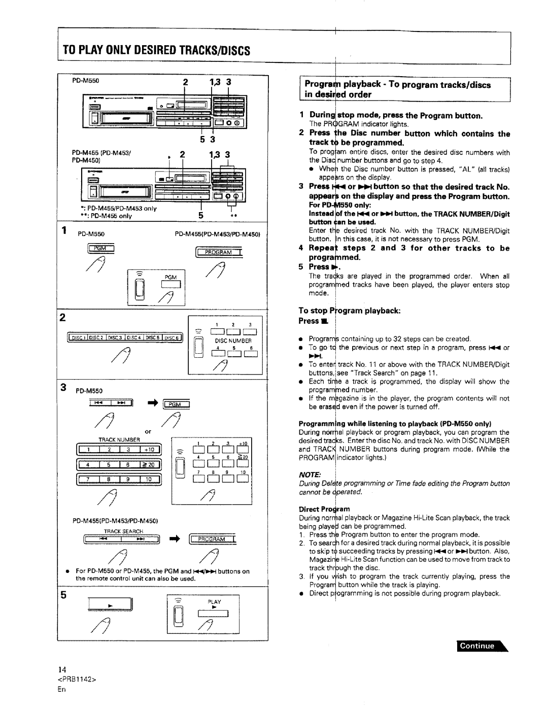 Pioneer PD-M550 warranty PD-M455PD-M453/2 1,3, Prgralnfin des !! edplaybackorder T prgram tracksldiscs 