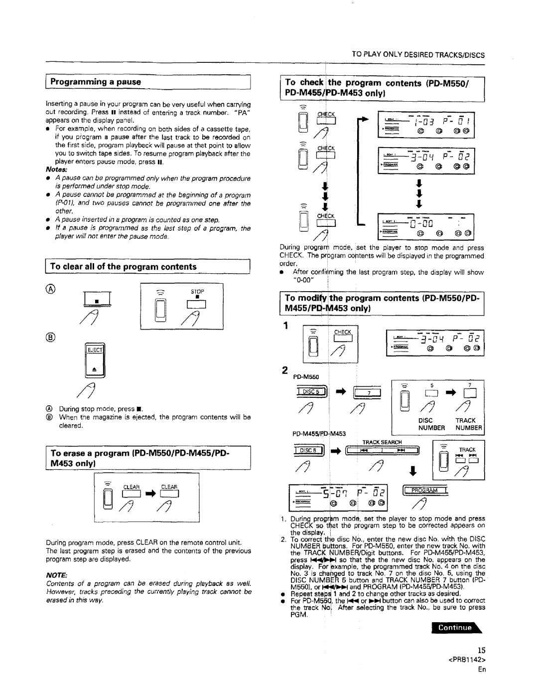 Pioneer PD-M455, PD-M550 warranty Programming a pause, To clear all of the program contents 