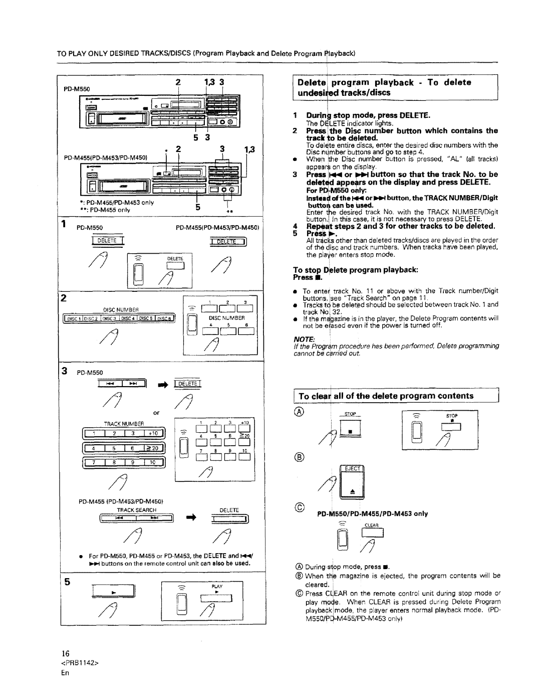 Pioneer PD-M550 warranty Delete program playback To delete undesid tracks/discs, To clea all of the delete program contents 