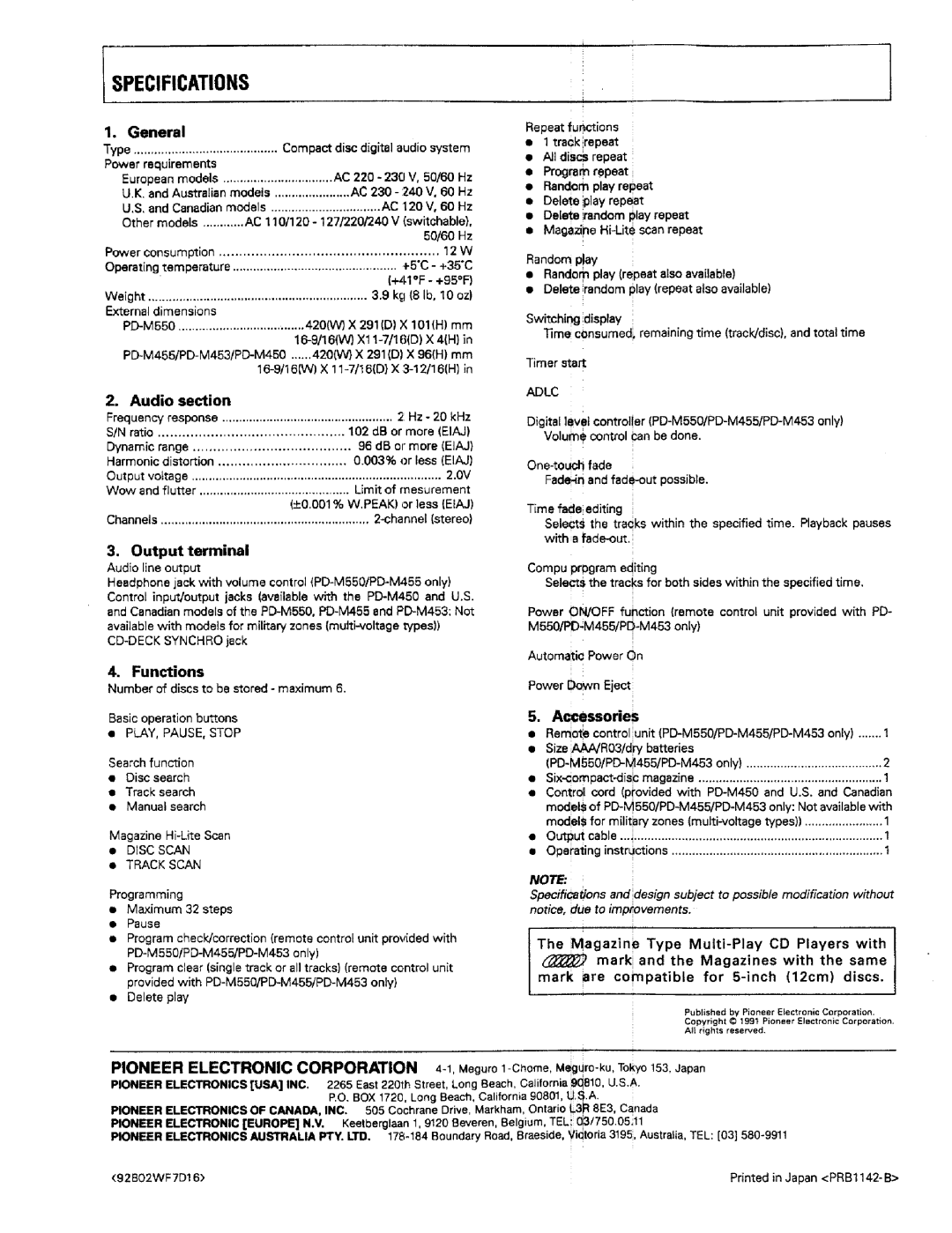 Pioneer PD-M550, PD-M455 warranty Specifications 