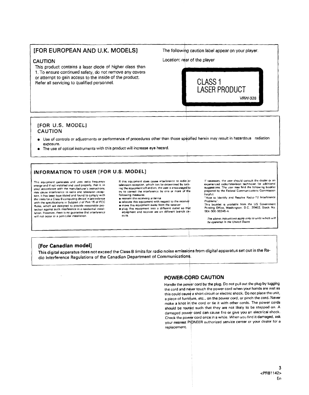 Pioneer PD-M455, PD-M550 warranty For Canadian model, POWER-CORD Caution 