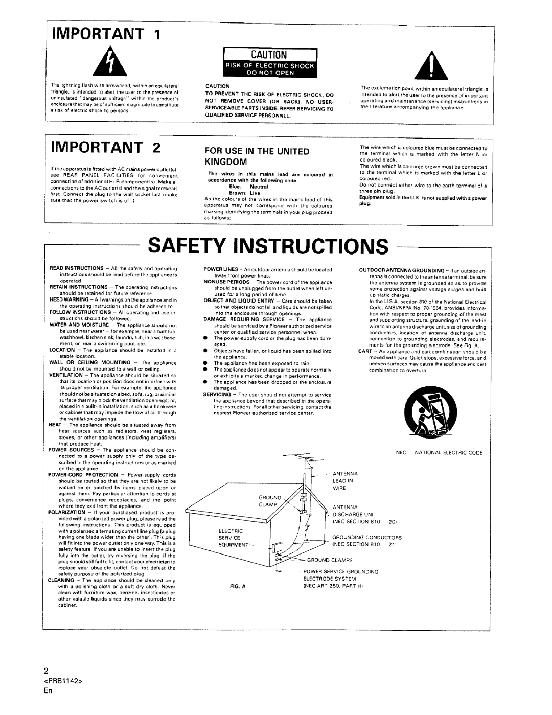 Pioneer PD-M550 Safety Instructions, Grounding, Power Service, Electrode System, Fig. A, Nec Art, 250, PART HI, Conductors 