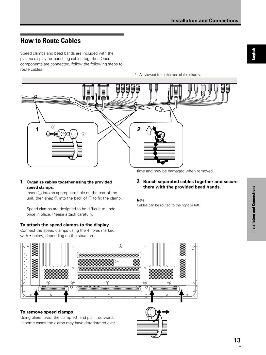 Pioneer PDA-5002 manual How to Route Cables, To attach the speed clamps to the display, To remove speed clamps 