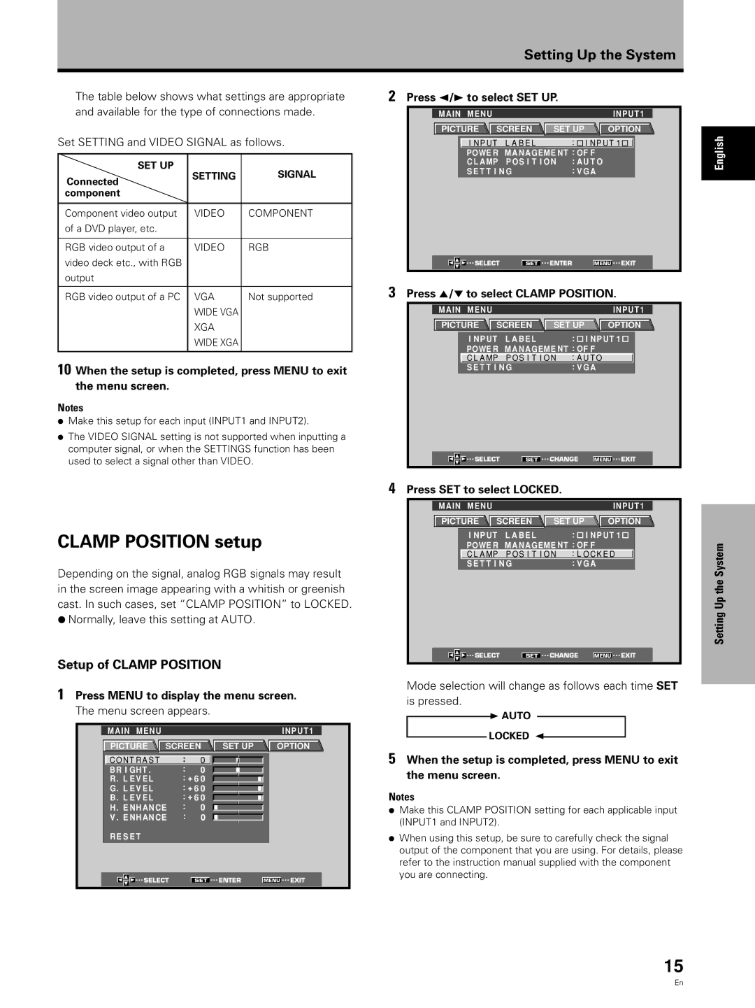 Pioneer PDA-5002 manual Clamp Position setup, Setup of Clamp Position, Press 5/∞ to select Clamp Position 