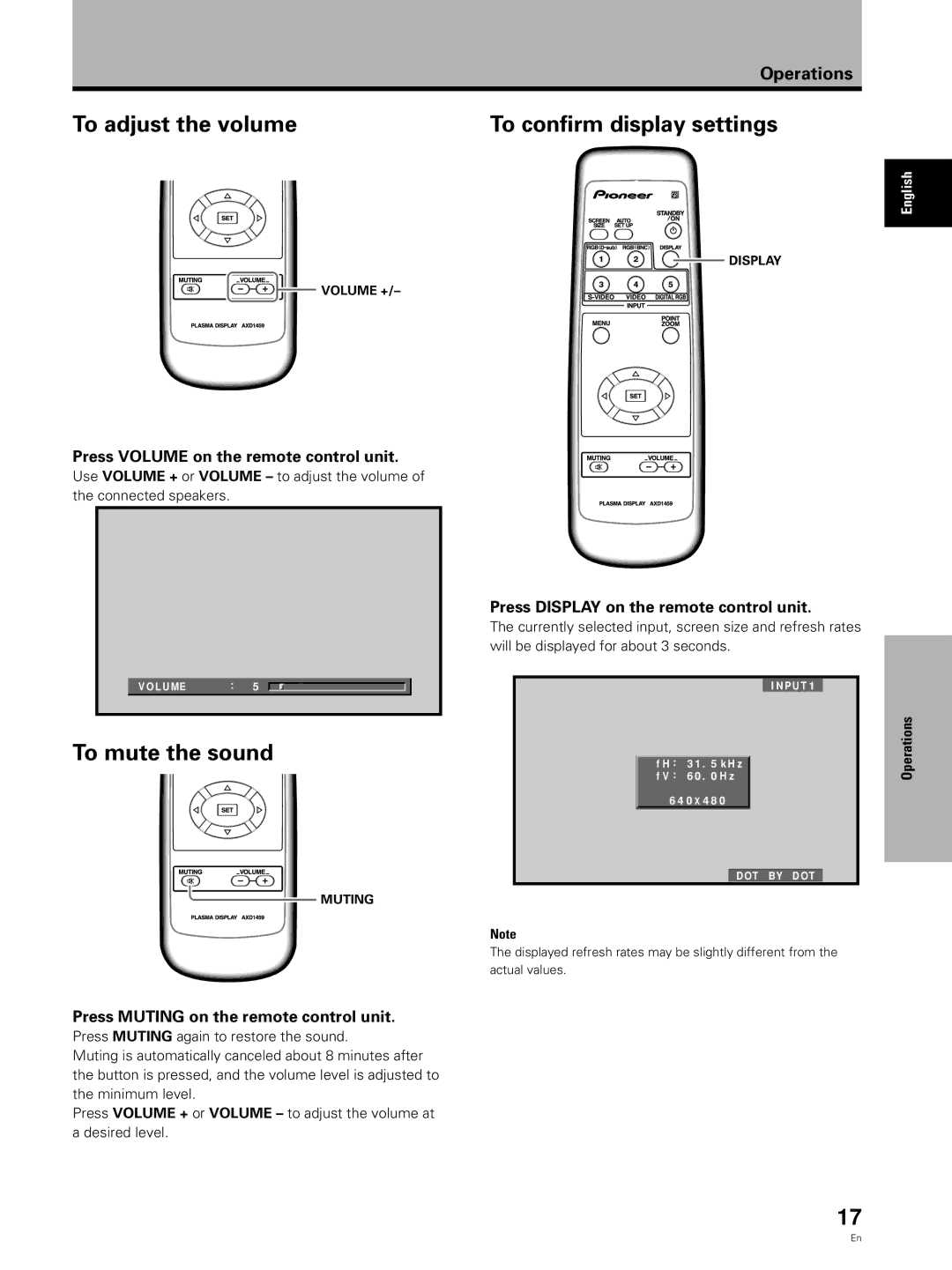 Pioneer PDA-5002 manual To adjust the volume, To mute the sound, Press Volume on the remote control unit 