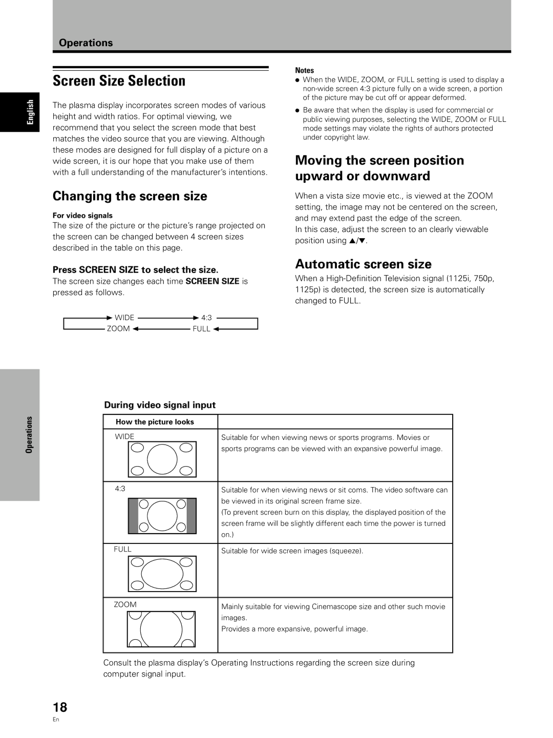 Pioneer PDA-5002 manual Screen Size Selection, Changing the screen size, Automatic screen size, During video signal input 