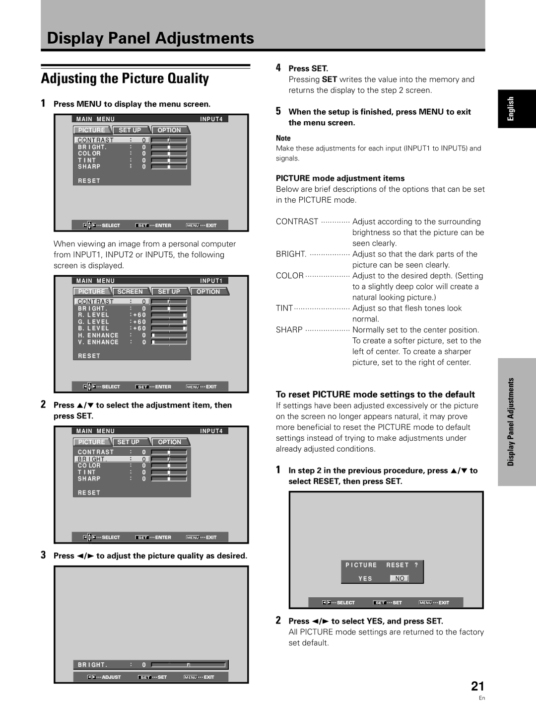 Pioneer PDA-5002 Display Panel Adjustments, Adjusting the Picture Quality, To reset Picture mode settings to the default 