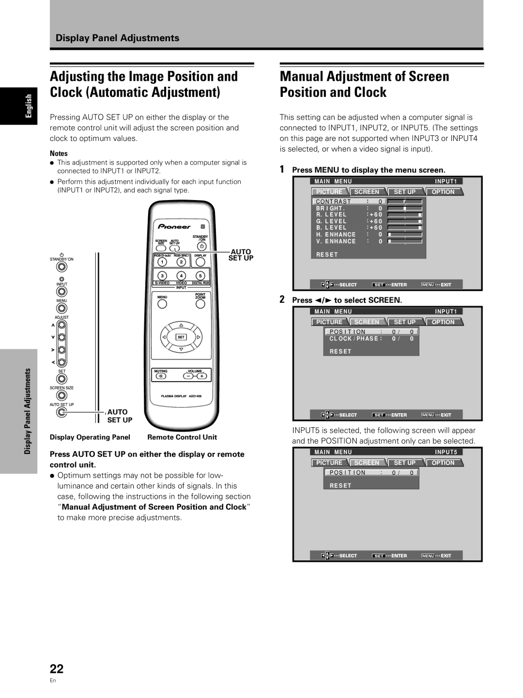 Pioneer PDA-5002 manual Display Panel Adjustments, Press 2/3 to select Screen 