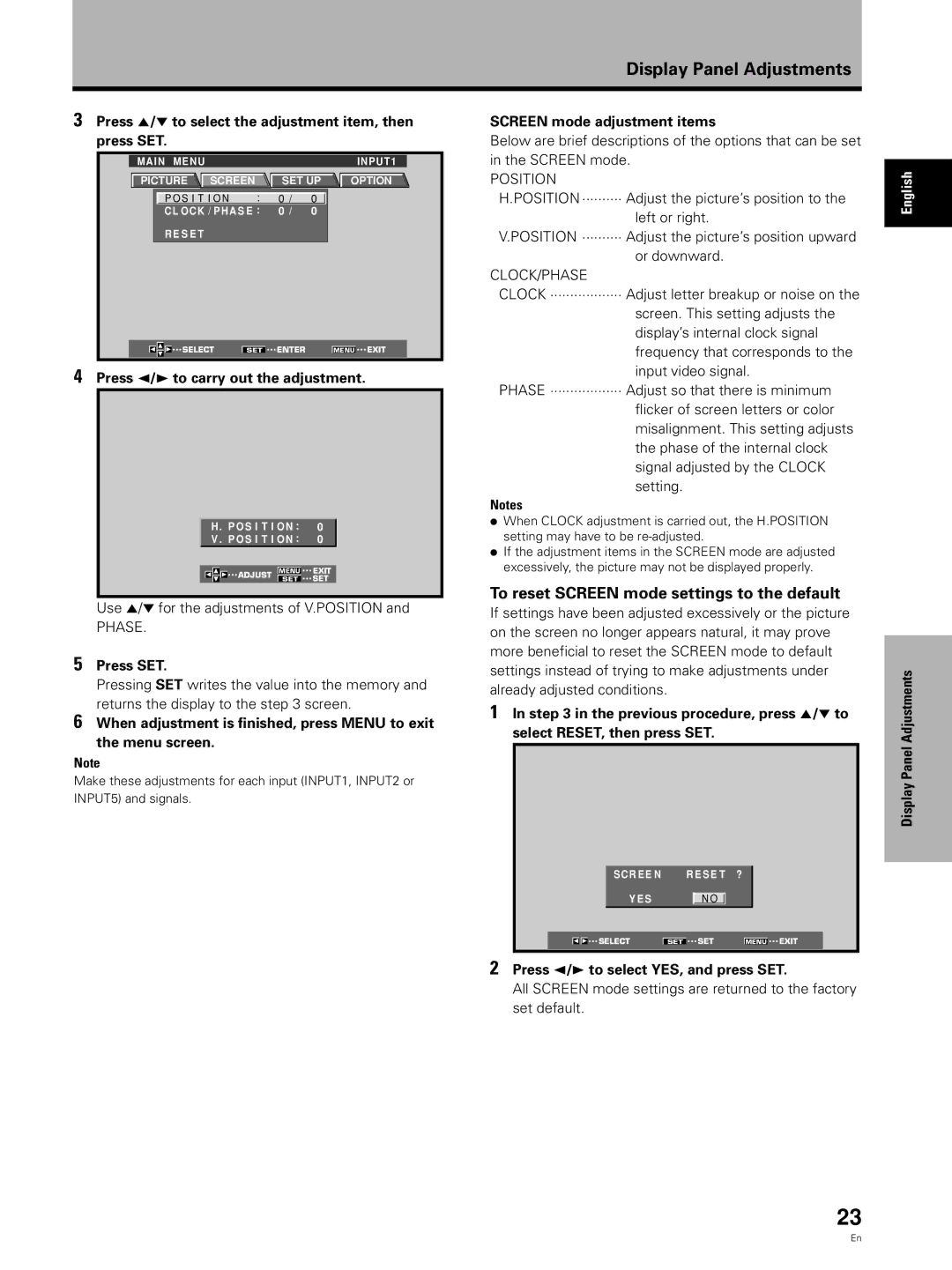 Pioneer PDA-5002 manual To reset Screen mode settings to the default, Press 2/3 to carry out the adjustment 