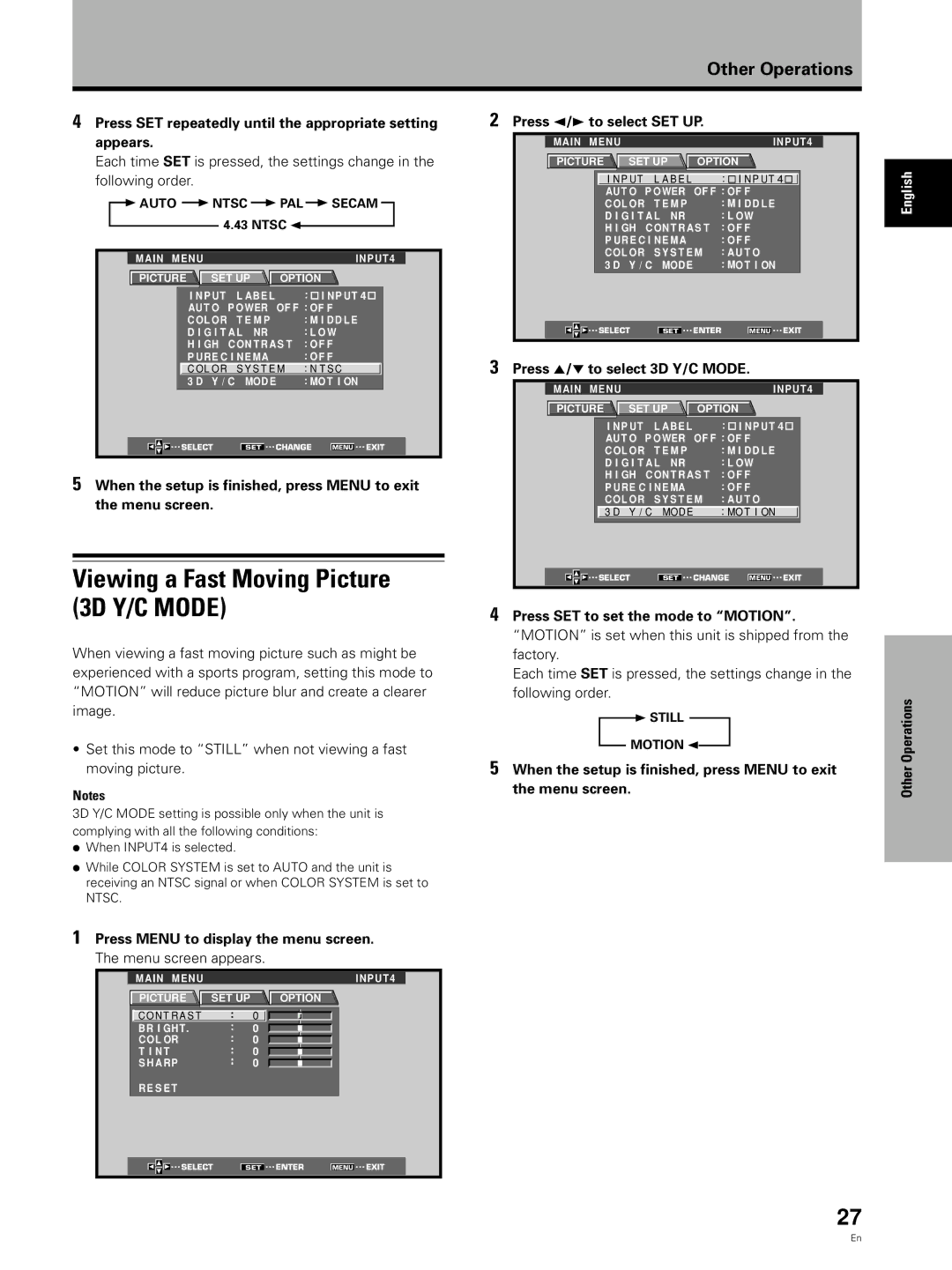 Pioneer PDA-5002 Viewing a Fast Moving Picture 3D Y/C Mode, Press SET repeatedly until the appropriate setting appears 