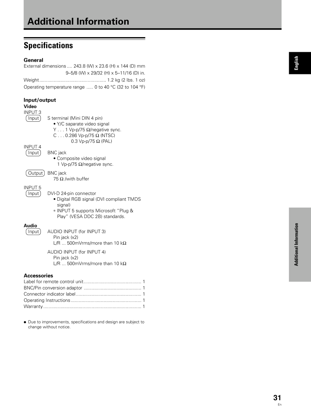 Pioneer PDA-5002 manual Additional Information, Specifications, General, Input/output, Accessories 