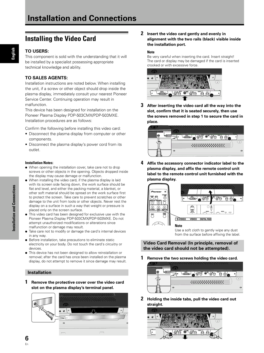 Pioneer PDA-5002 manual Installation and Connections, Installing the Video Card 