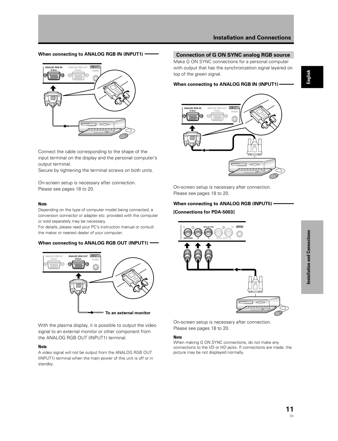 Pioneer PDA-5003, PDA-5004 manual When connecting to Analog RGB OUT INPUT1, To an external monitor 