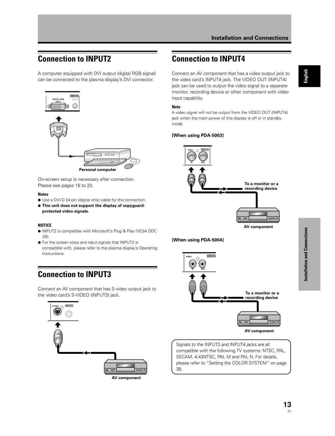 Pioneer PDA-5003, PDA-5004 manual Connection to INPUT2, Connection to INPUT4, Connection to INPUT3, Personal computer 