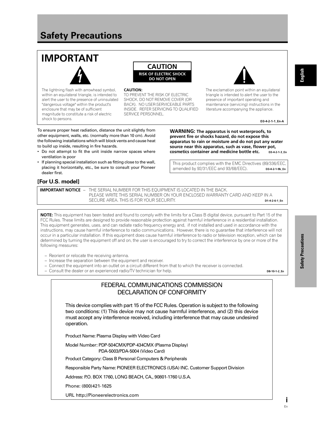 Pioneer PDA-5003, PDA-5004 manual Safety Precautions, English 