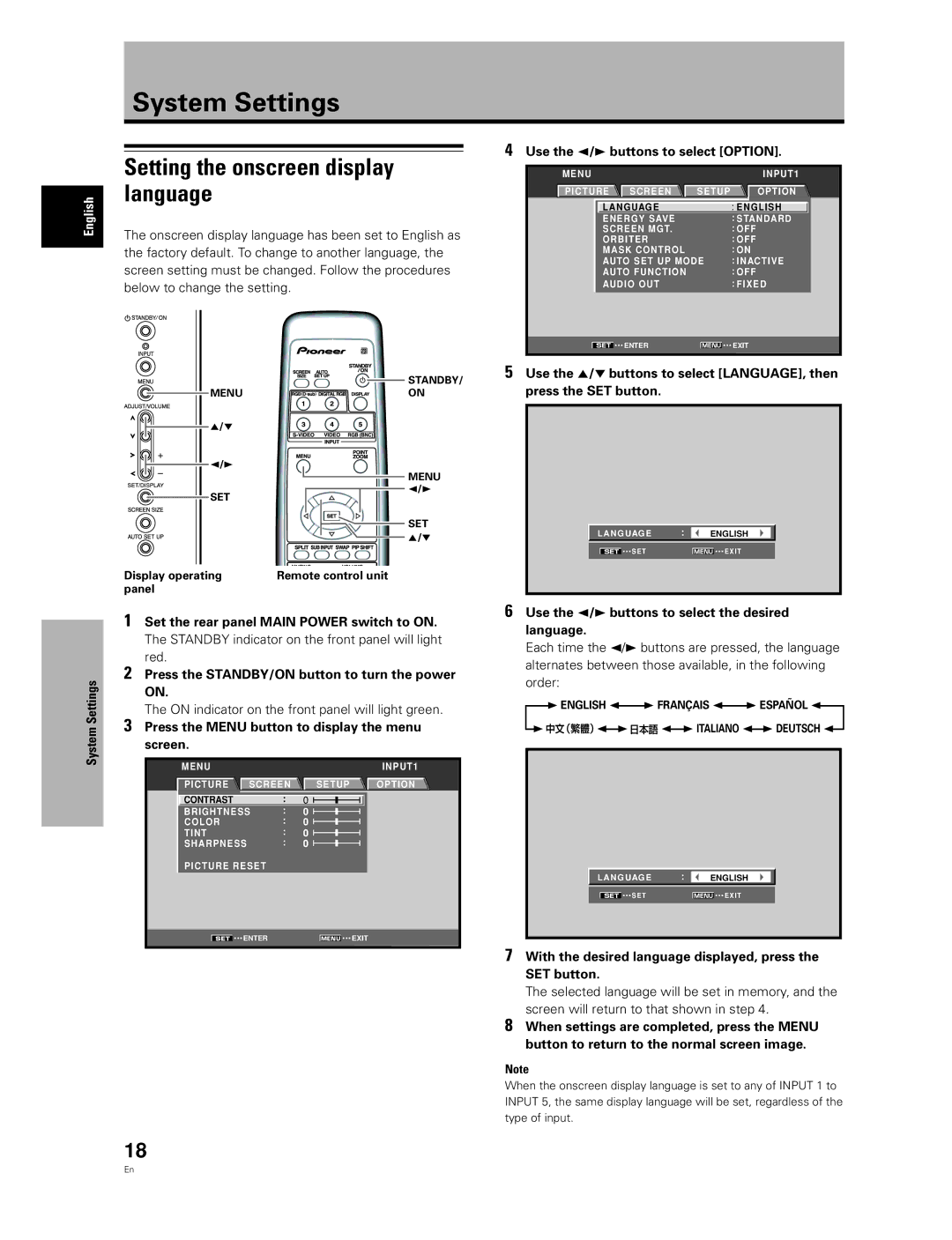 Pioneer PDA-5004, PDA-5003 manual System Settings, Setting the onscreen display language, Screen 