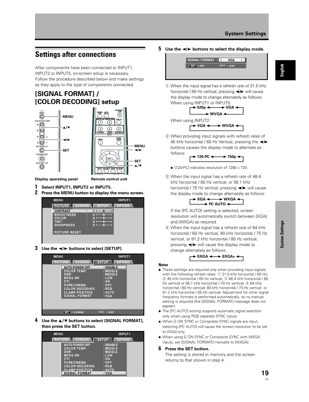 Pioneer PDA-5003 manual Settings after connections, Color Decoding setup, Use the 2/3 buttons to select the display mode 