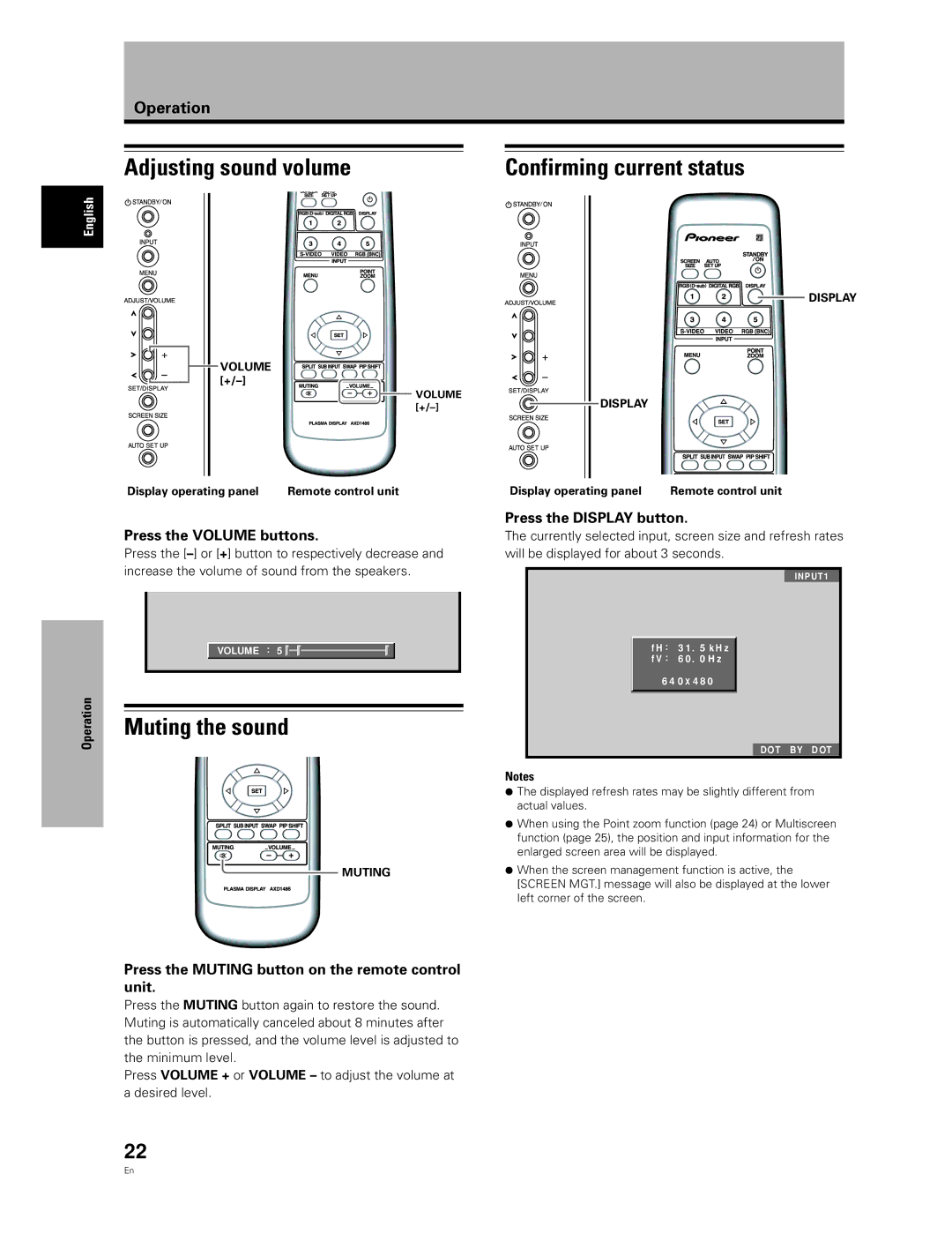 Pioneer PDA-5004, PDA-5003 manual Adjusting sound volume, Press the Volume buttons, Press the Display button 