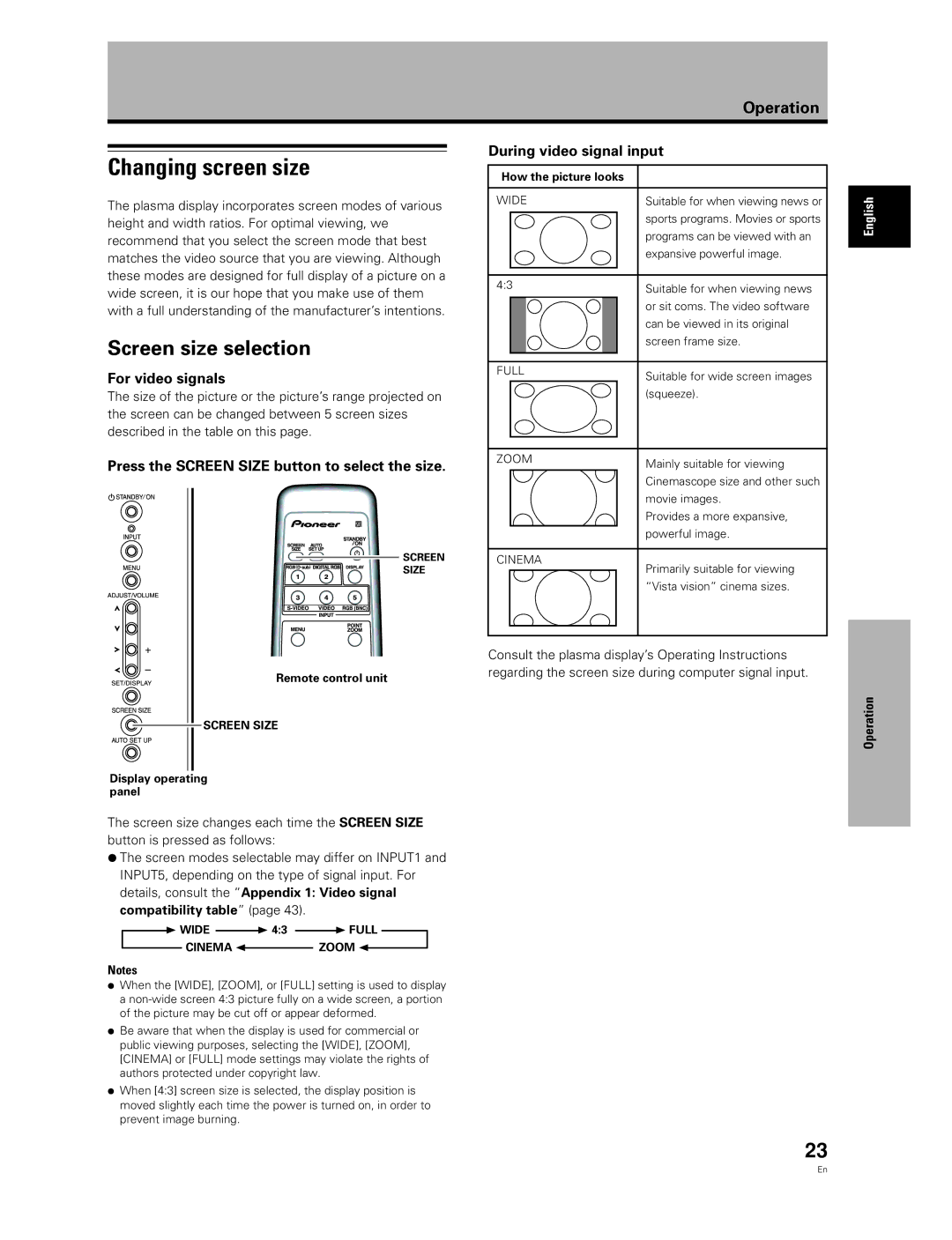 Pioneer PDA-5003, PDA-5004 manual Changing screen size, Screen size selection, For video signals, During video signal input 