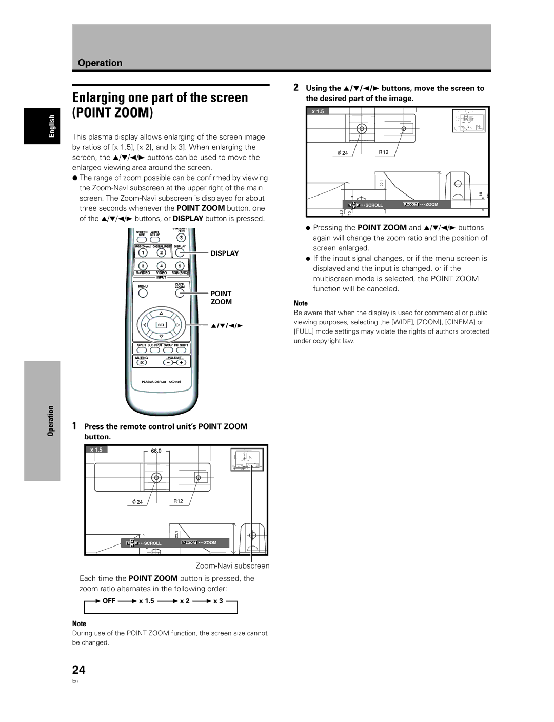 Pioneer PDA-5004 manual Enlarging one part of the screen, Operation Press the remote control unit’s Point Zoom Button, Off 