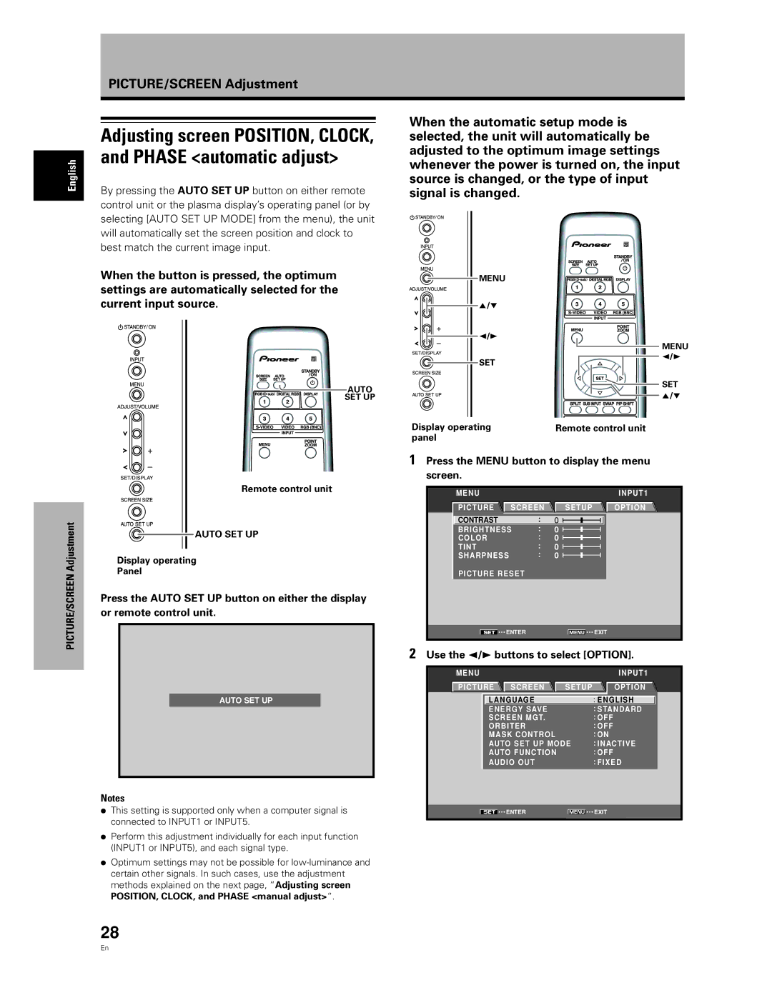 Pioneer PDA-5004 manual Phase automatic adjust, Adjusting screen POSITION, Clock, When the button is pressed, the optimum 