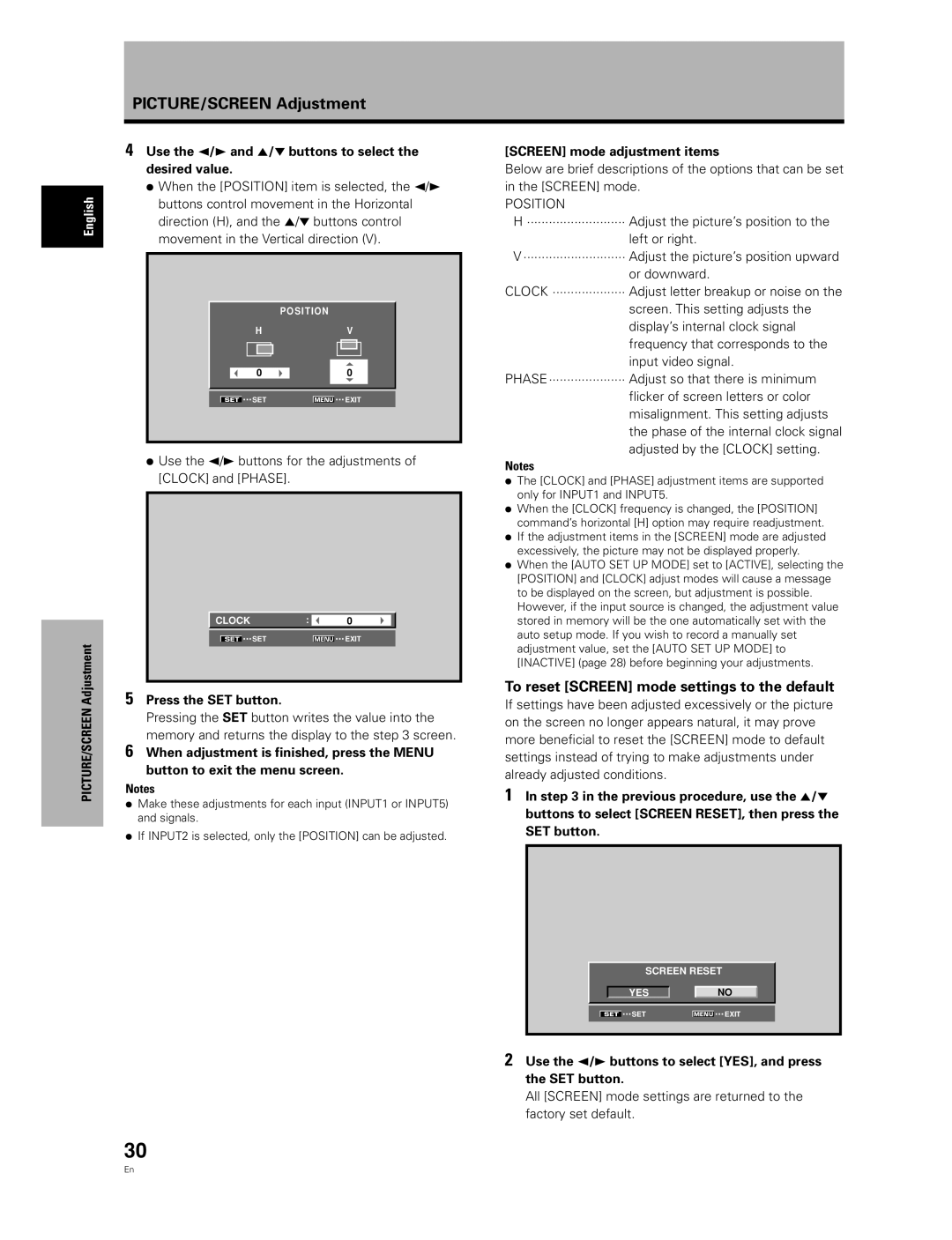 Pioneer PDA-5004 manual To reset Screen mode settings to the default, Press the SET button, Screen mode adjustment items 