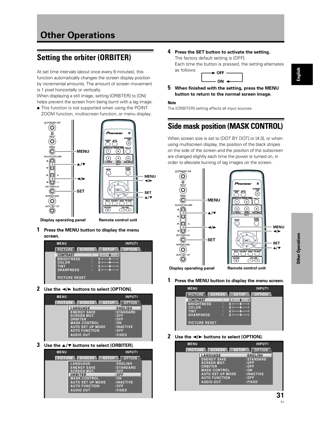 Pioneer PDA-5003, PDA-5004 manual Other Operations, Setting the orbiter Orbiter 