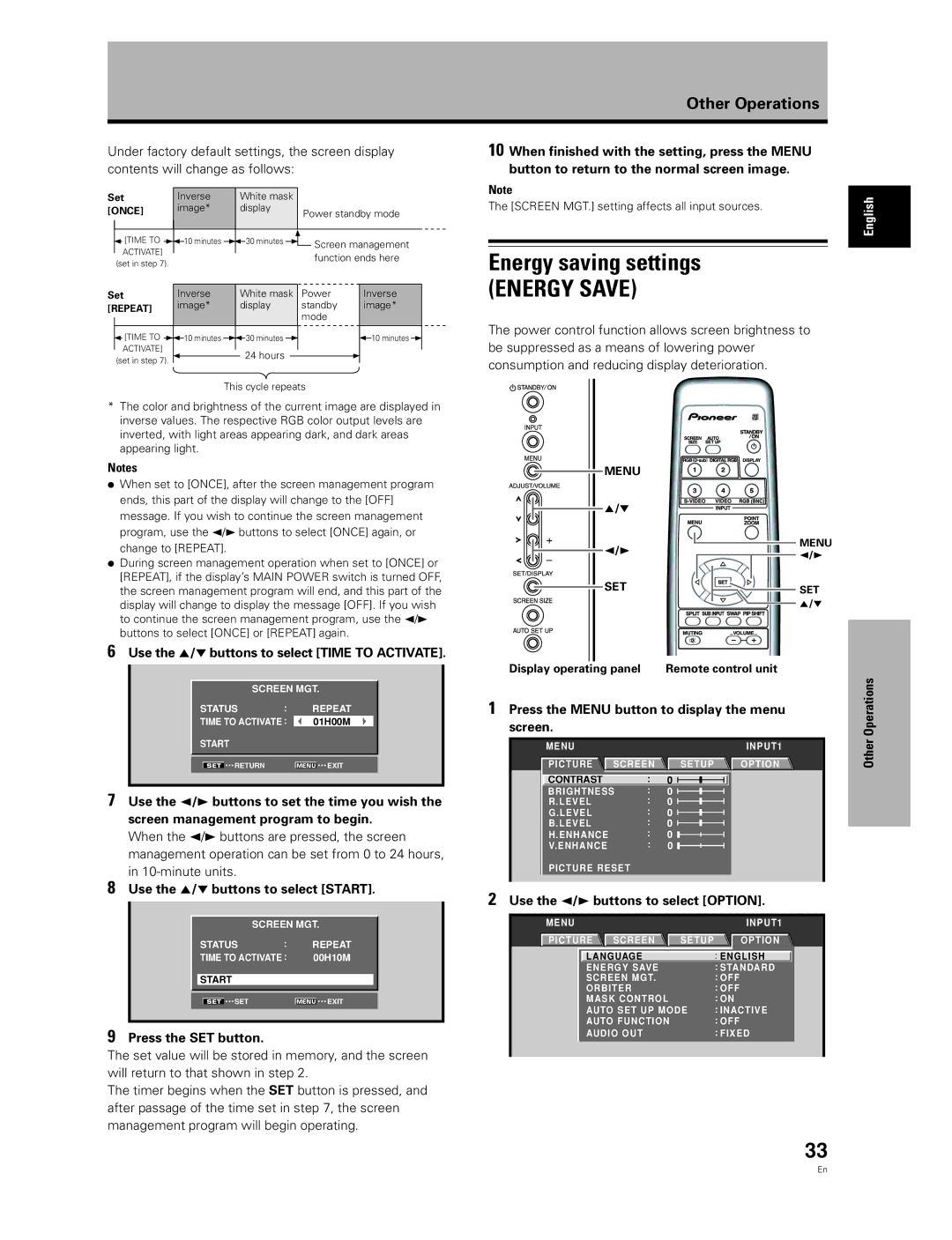 Pioneer PDA-5003, PDA-5004 manual Energy saving settings 