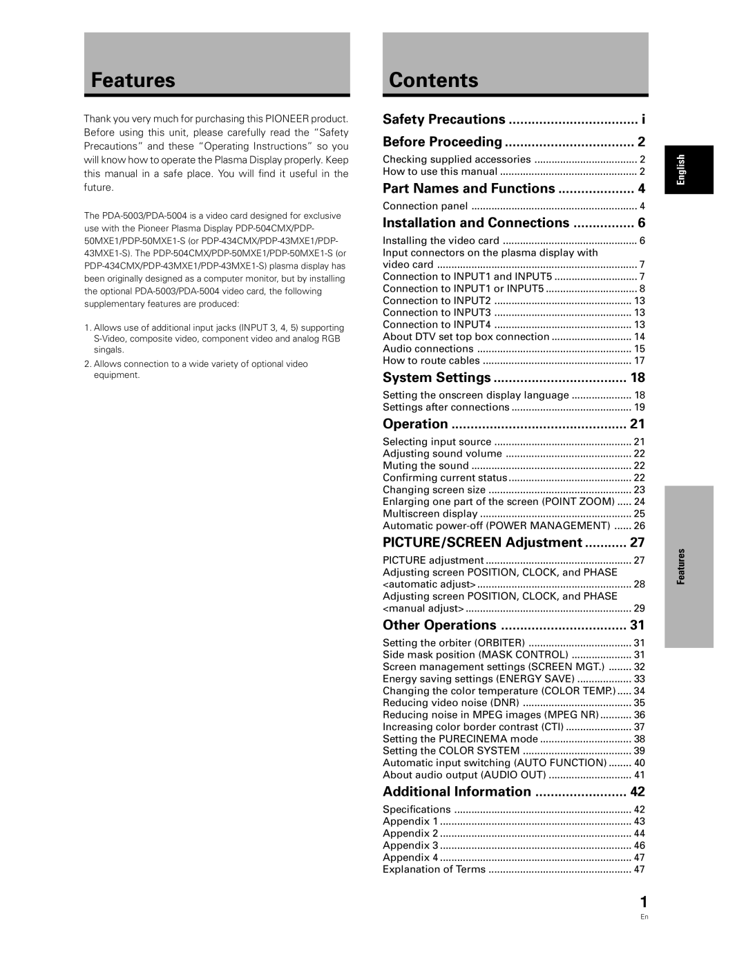 Pioneer PDA-5003, PDA-5004 manual Features, Contents 