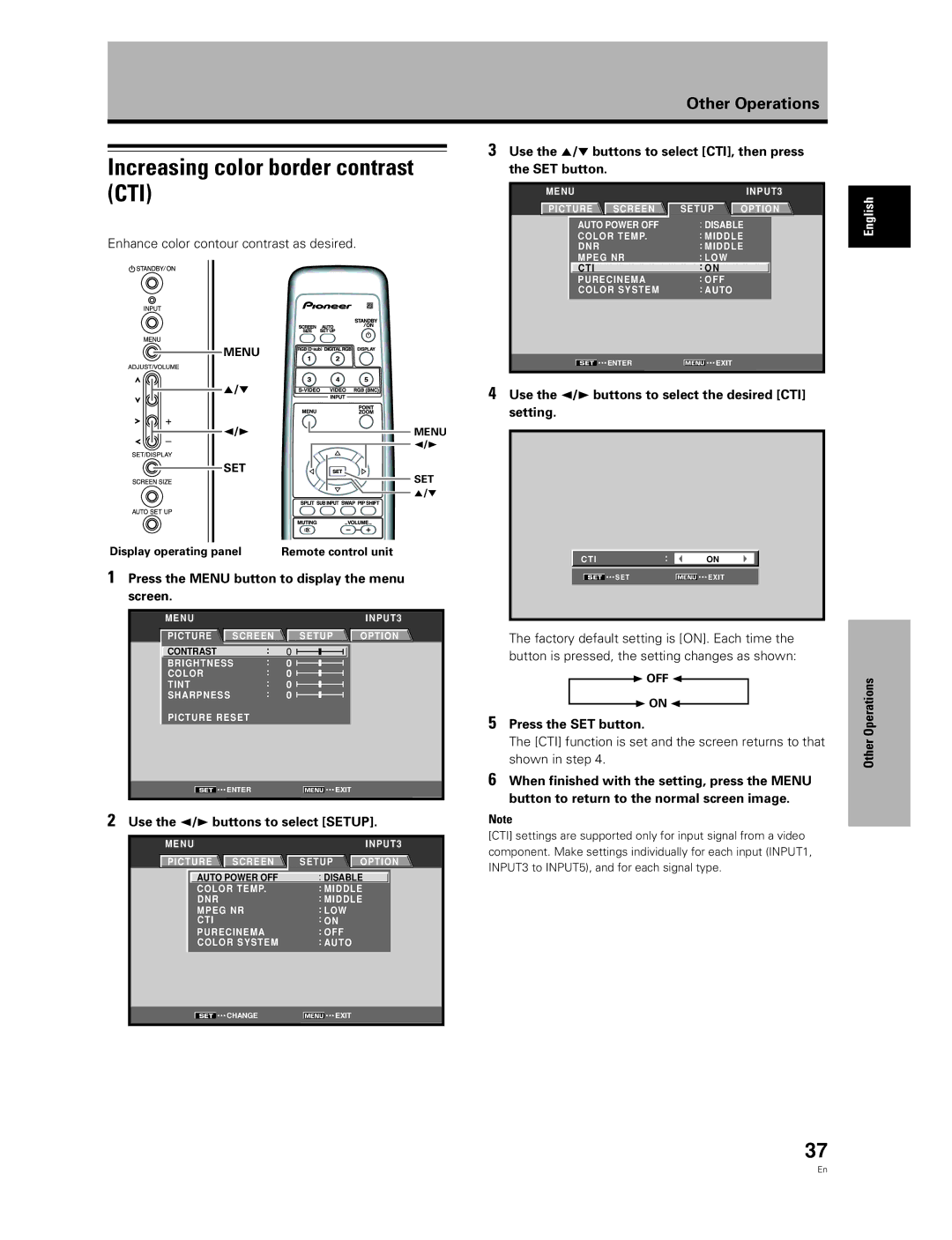 Pioneer PDA-5003, PDA-5004 manual Increasing color border contrast CTI, Enhance color contour contrast as desired 