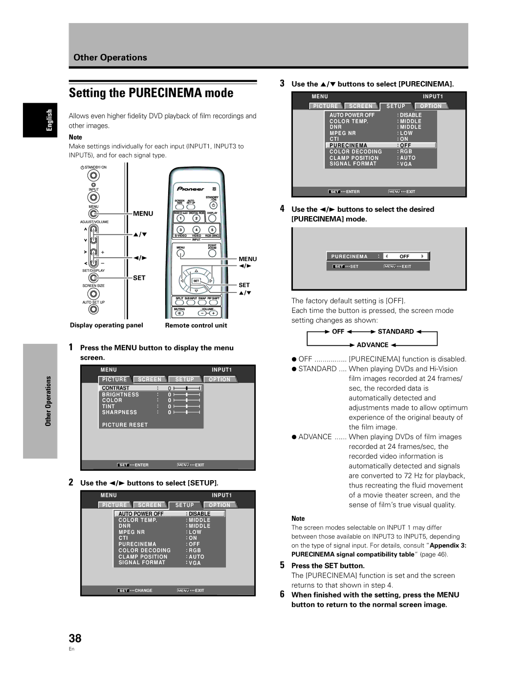 Pioneer PDA-5004, PDA-5003 manual Setting the Purecinema mode, Use the 5/∞ buttons to select Purecinema, Menu SET 