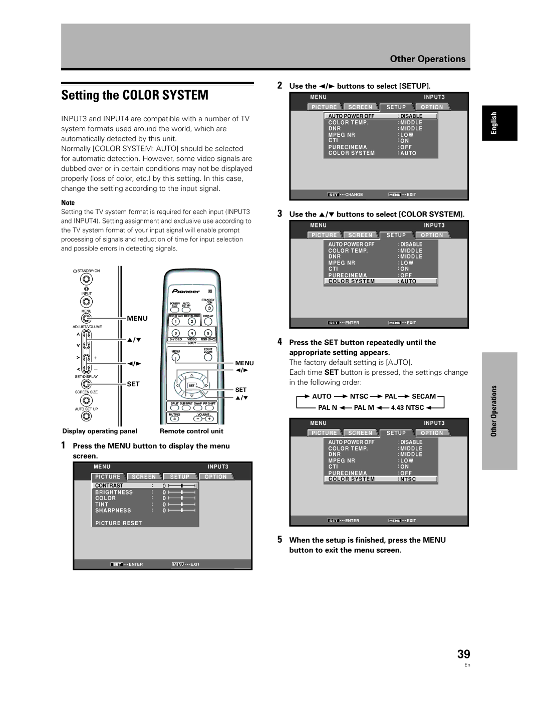 Pioneer PDA-5003 Setting the Color System, When the setup is finished, press the Menu, Button to exit the menu screen 