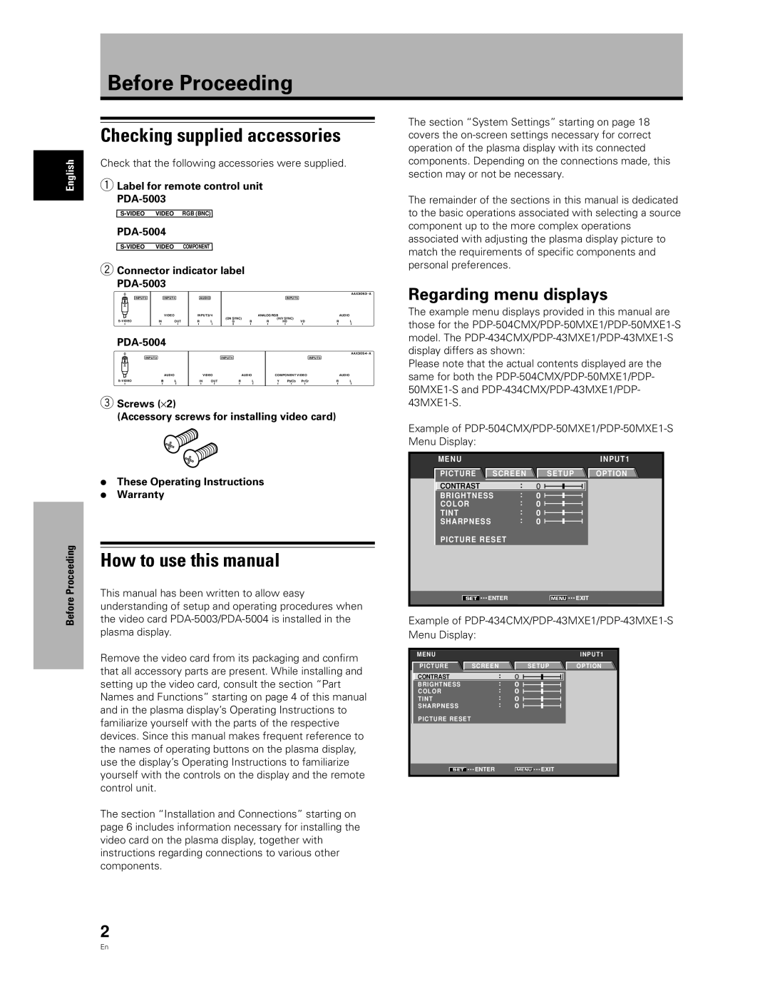 Pioneer PDA-5004 Before Proceeding, Checking supplied accessories, How to use this manual, Regarding menu displays 