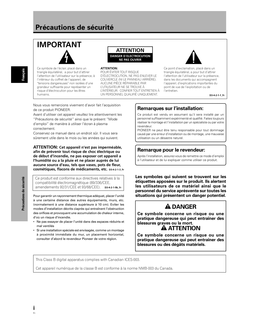 Pioneer PDA-5004, PDA-5003 manual Précautions de sécurité, Français 