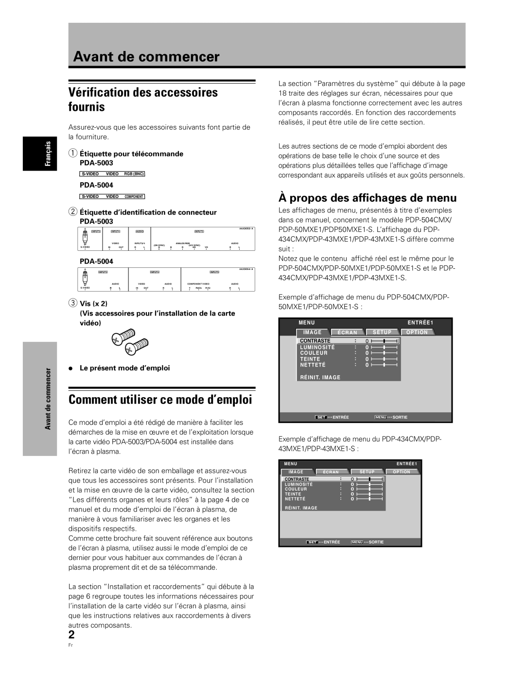 Pioneer PDA-5004, PDA-5003 manual Avant de commencer, Vérification des accessoires fournis, Propos des affichages de menu 