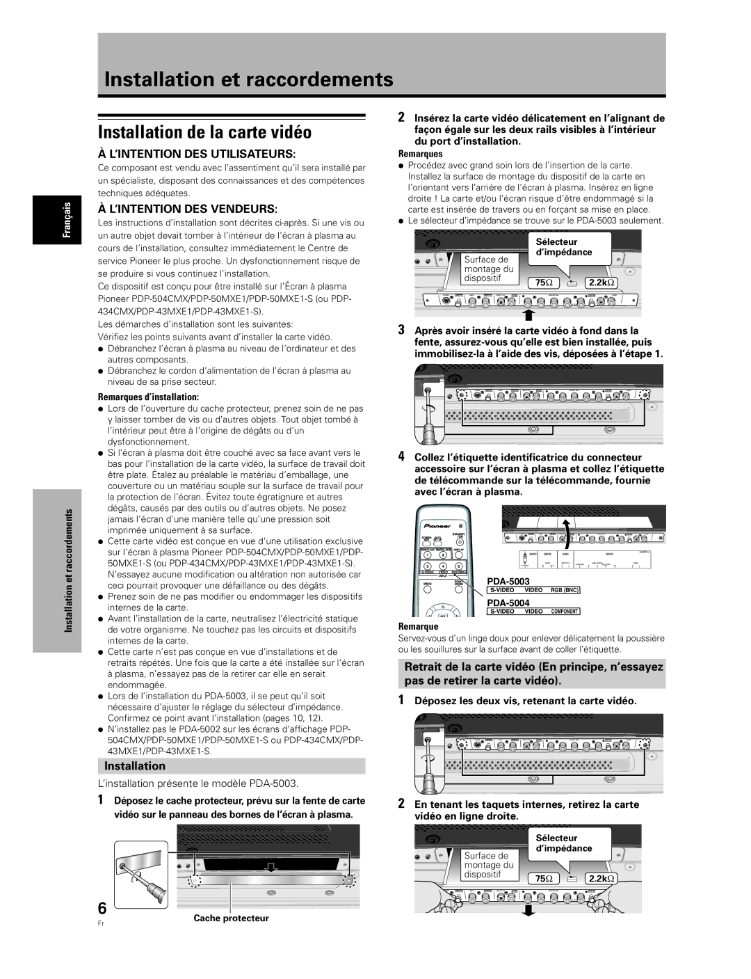 Pioneer PDA-5004 Installation et raccordements, Installation de la carte vidéo, ’installation présente le modèle PDA-5003 