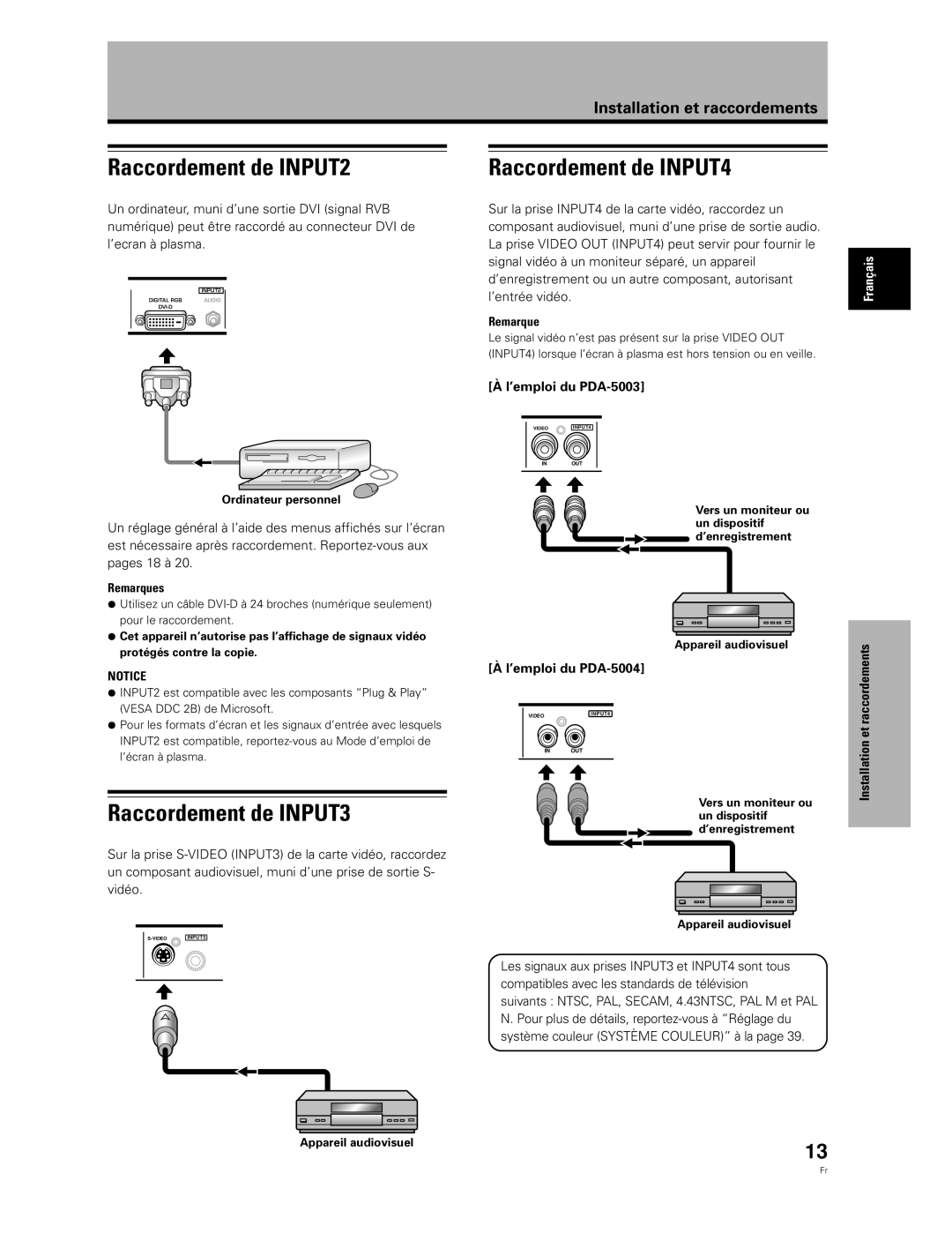 Pioneer PDA-5003 manual Raccordement de INPUT2, Raccordement de INPUT4, Raccordement de INPUT3, Installationetraccordements 