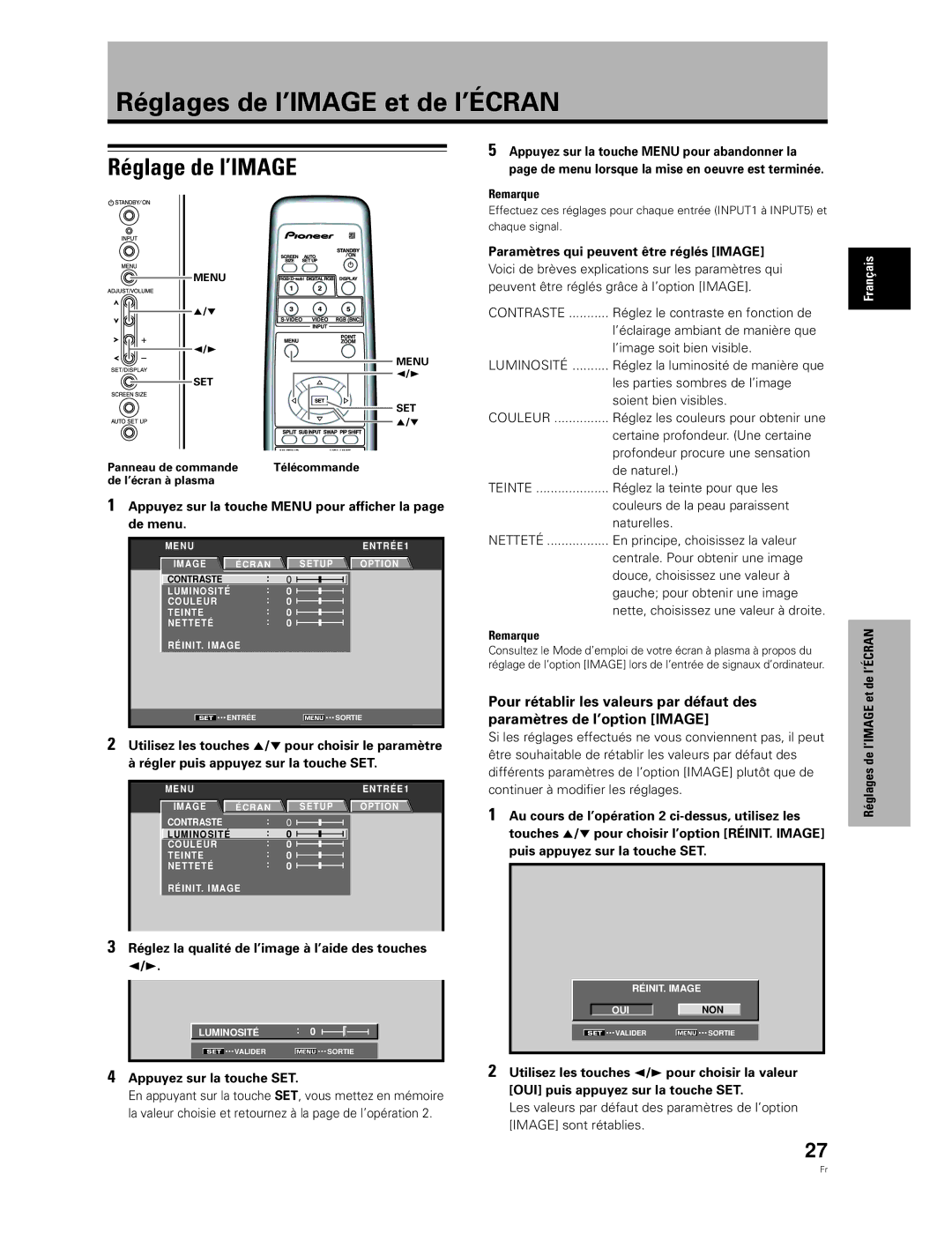 Pioneer PDA-5003, PDA-5004 manual Réglages de l’IMAGE et de l’ÉCRAN, Réglage de l’IMAGE 