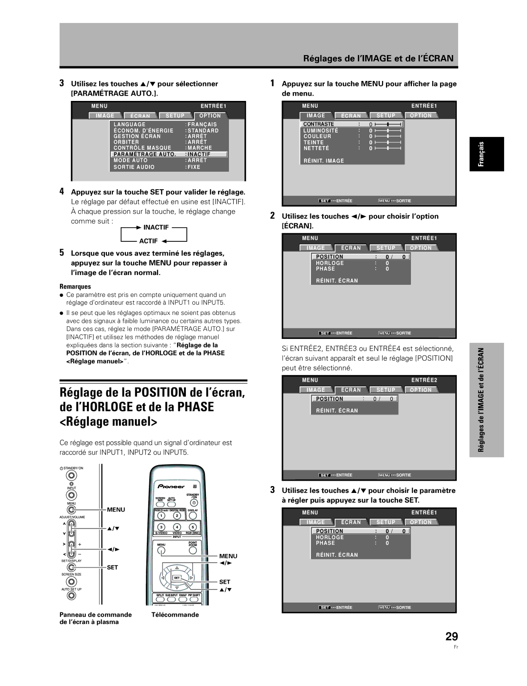 Pioneer PDA-5003, PDA-5004 manual Paramétrage Auto, De menu, Utilisez les touches 2/3 pour choisir l’option Écran, Cran 