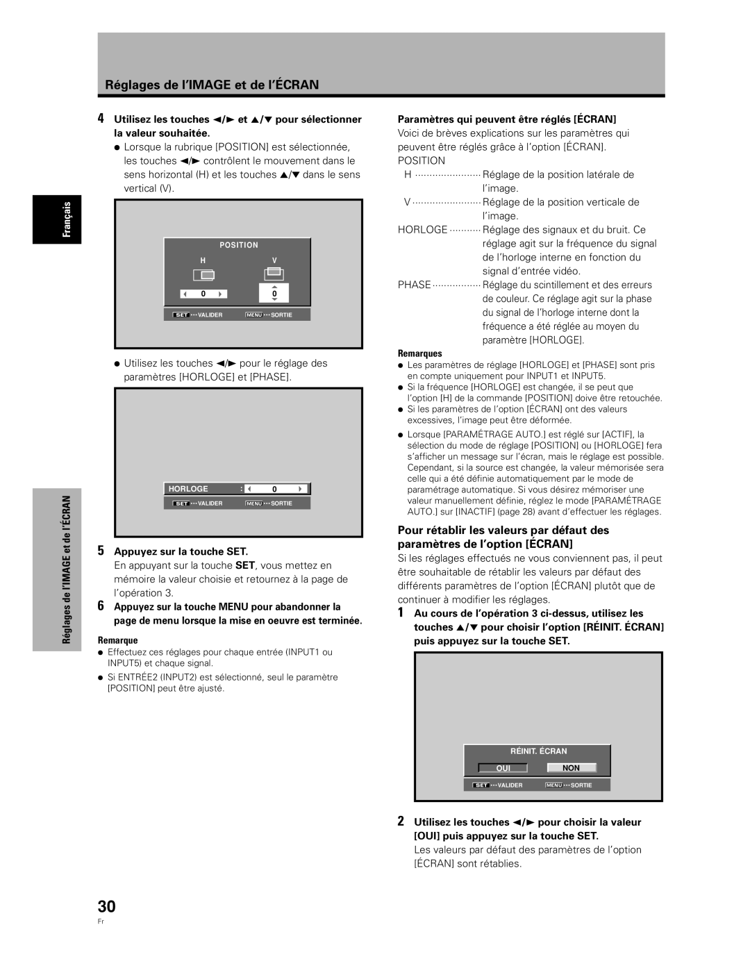 Pioneer PDA-5004, PDA-5003 manual Appuyez sur la touche SET, Paramètres qui peuvent être réglés Écran 