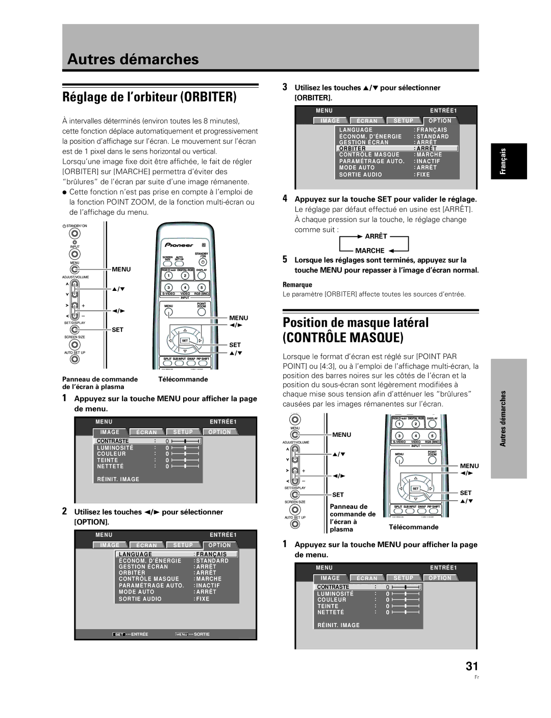 Pioneer PDA-5003, PDA-5004 manual Autres démarches, Réglage de l’orbiteur Orbiter, Position de masque latéral 