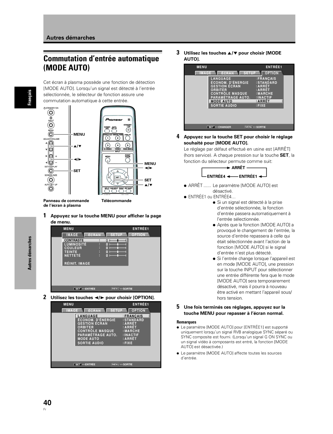 Pioneer PDA-5004, PDA-5003 manual Commutation d’entrée automatique Mode Auto, Utilisez les touches 5/∞ pour choisir Mode 