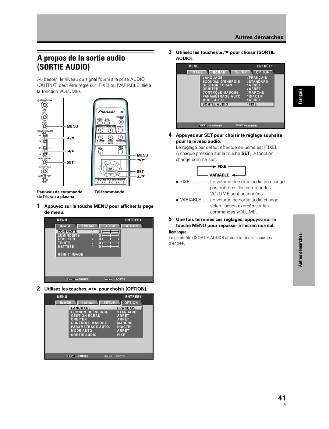 Pioneer PDA-5003 Utilisez les touches 5/∞ pour choisir Sortie, Au besoin, le niveau du signal fourni à la prise Audio 