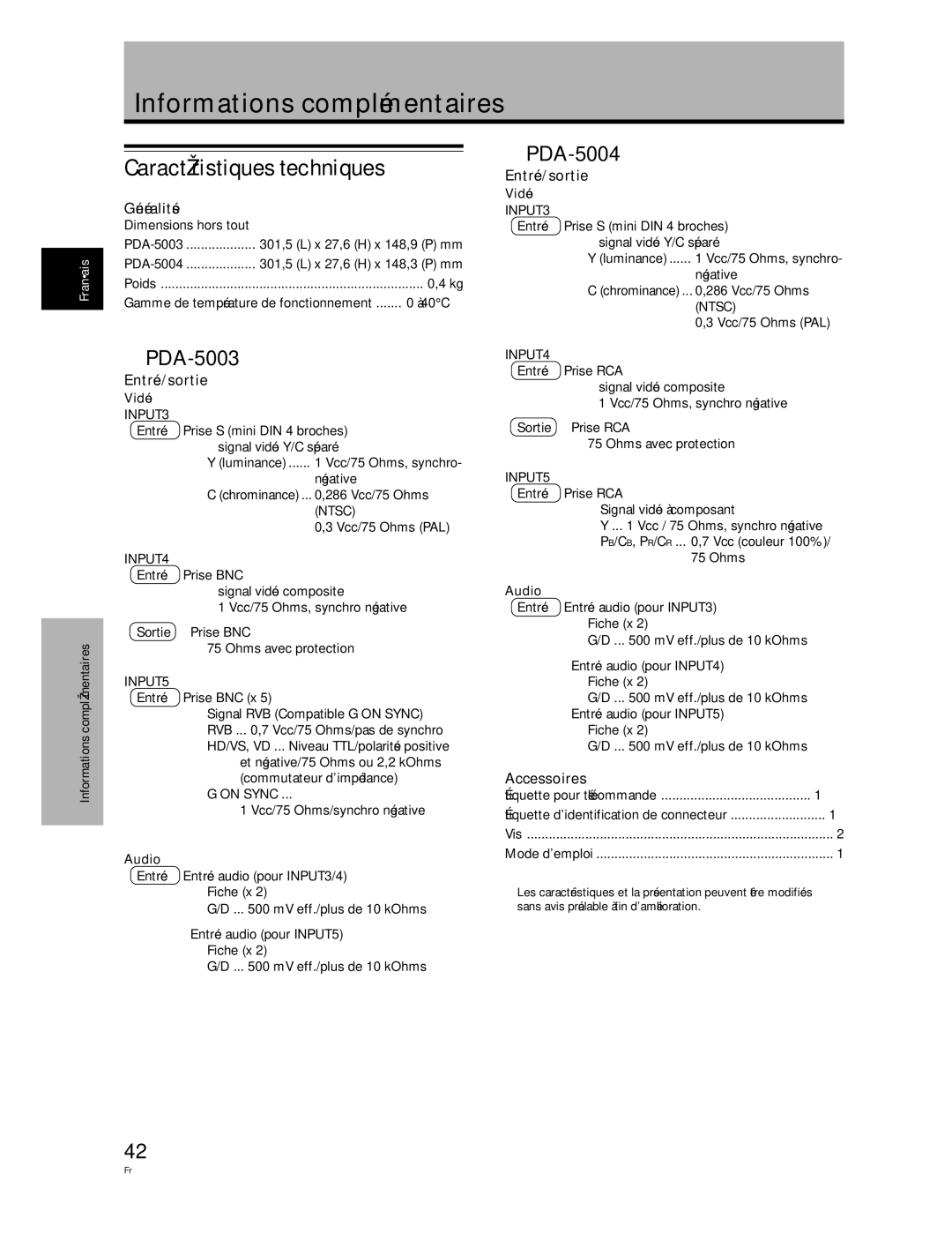 Pioneer PDA-5004 manual Informations complémentaires, Caractéristiques techniques, Généralités, Entrée/sortie, Accessoires 