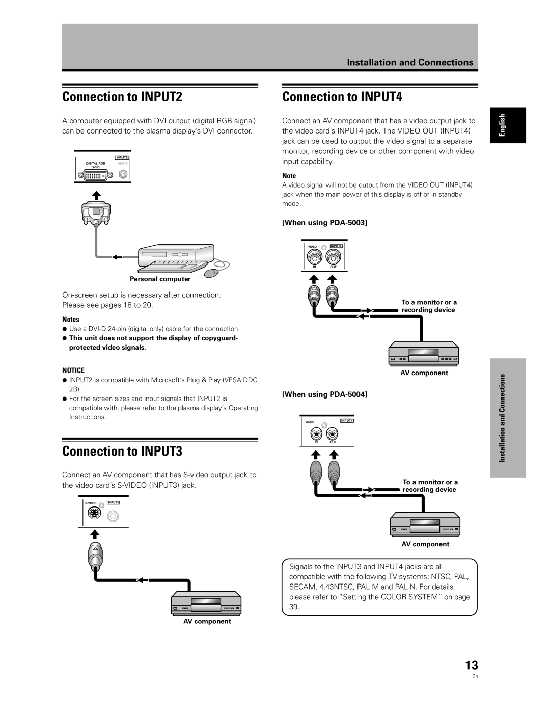 Pioneer Connection to INPUT2, Connection to INPUT4, Connection to INPUT3, When using PDA-5003, When using PDA-5004 